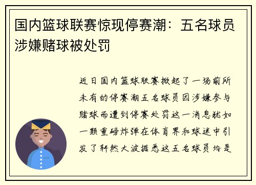 国内篮球联赛惊现停赛潮：五名球员涉嫌赌球被处罚