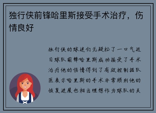 独行侠前锋哈里斯接受手术治疗，伤情良好